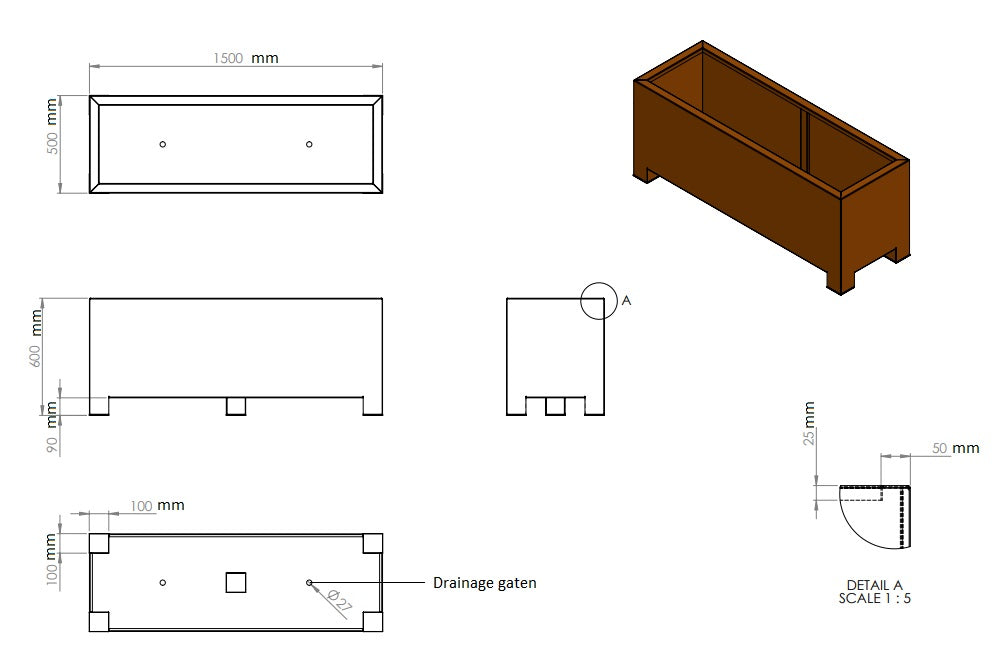 Plantenbak cortenstaal op poten 150x50x60cm.-0