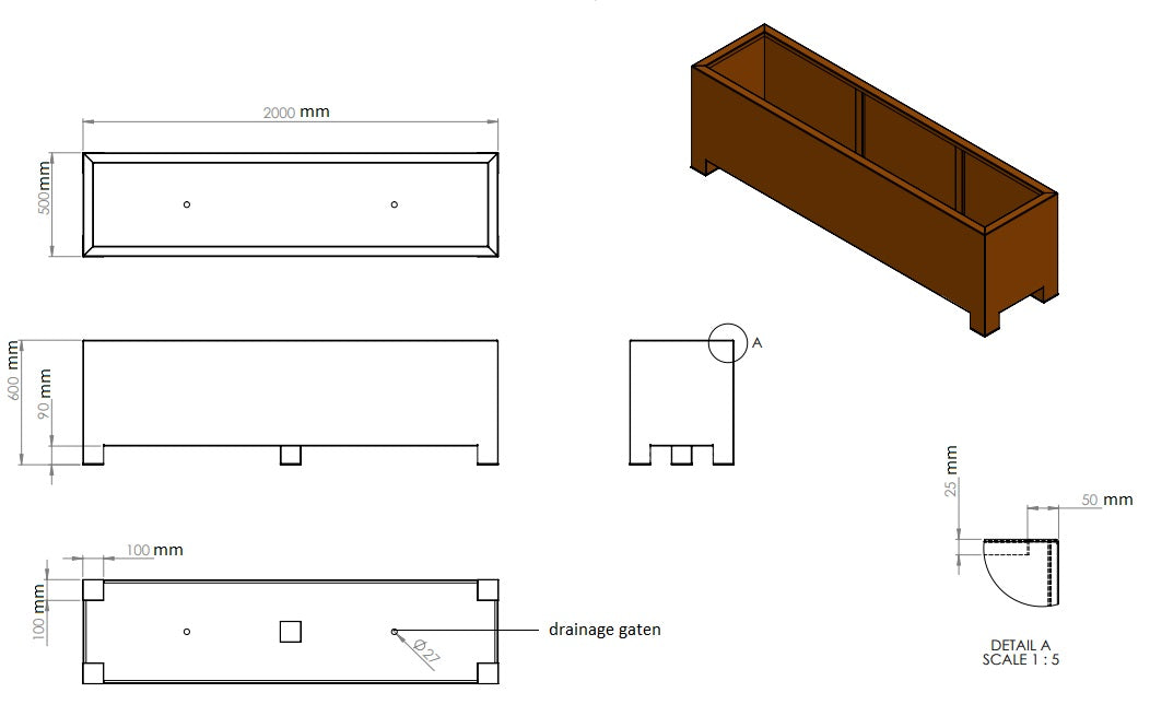 Plantenbak cortenstaal op poten 200x50x60cm.-0