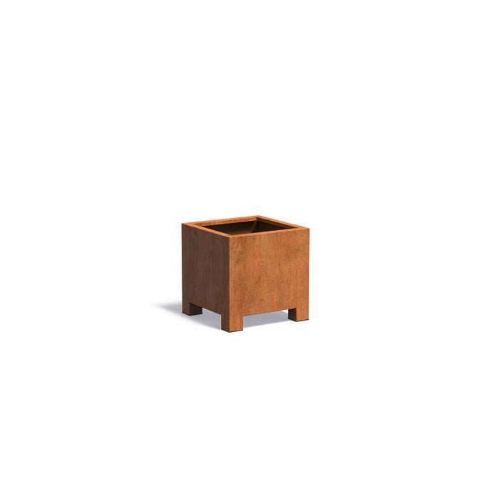 vierkante plantenbak op poten cortenstaal verplaatsbaar met palletwagentje. 60x60x60