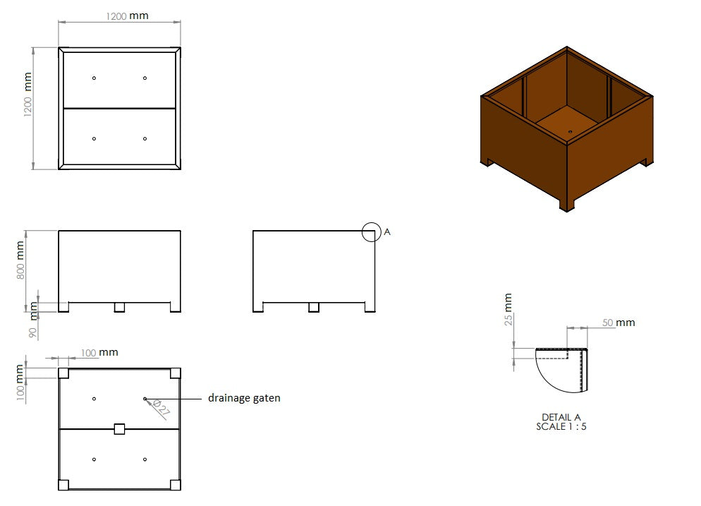 Plantenbak cortenstaal op poten 120x120x80cm-0