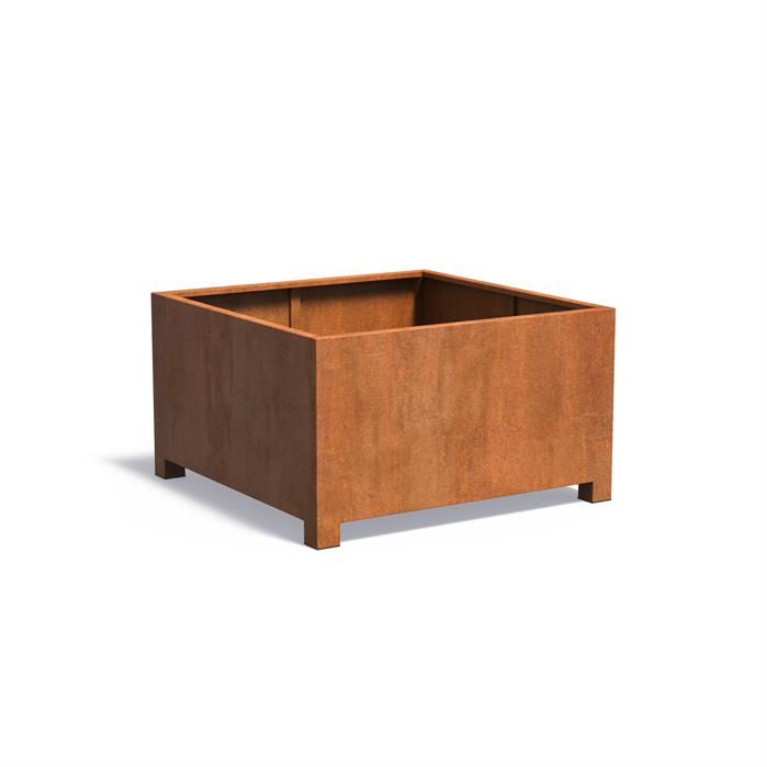 140x140x80cm cortenstalen plantenbak op poten makkelijk te verplaatsen met heftruck of palletwagen.
