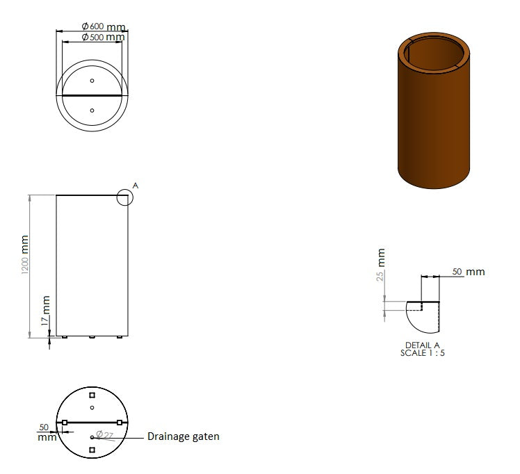 Ronde plantenbak cortenstaal 60x120cm-0