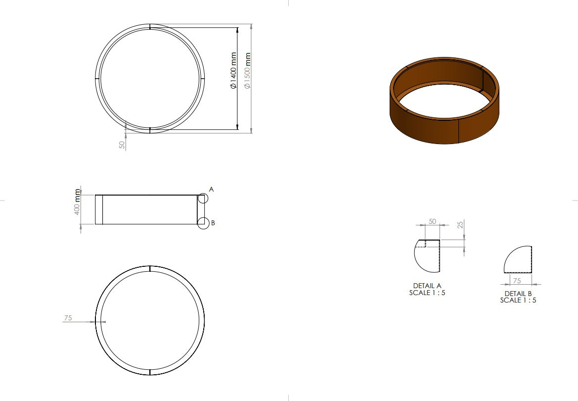 Ronde plantenbak cortenstaal 150x40cm