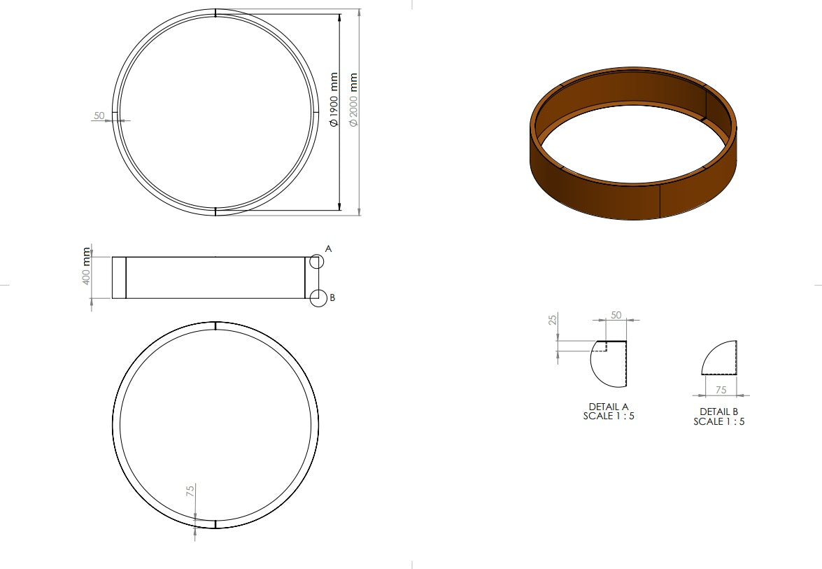 Ronde plantenbak cortenstaal 200x40cm zonder bodem