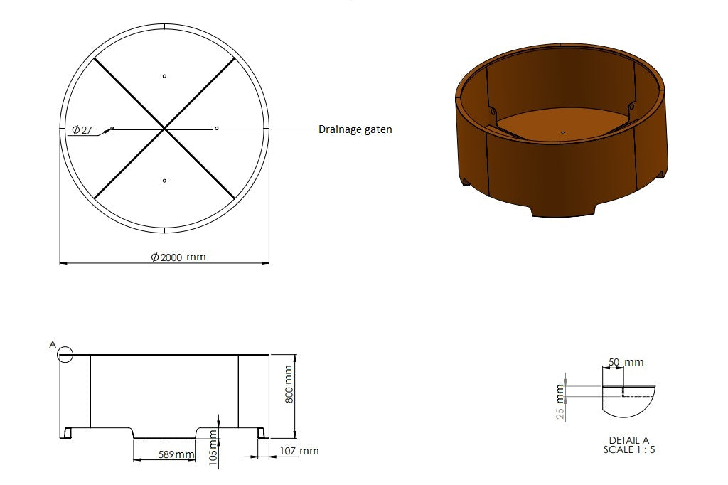 Ronde plantenbak op poten van cortenstaal 200x80cm-0
