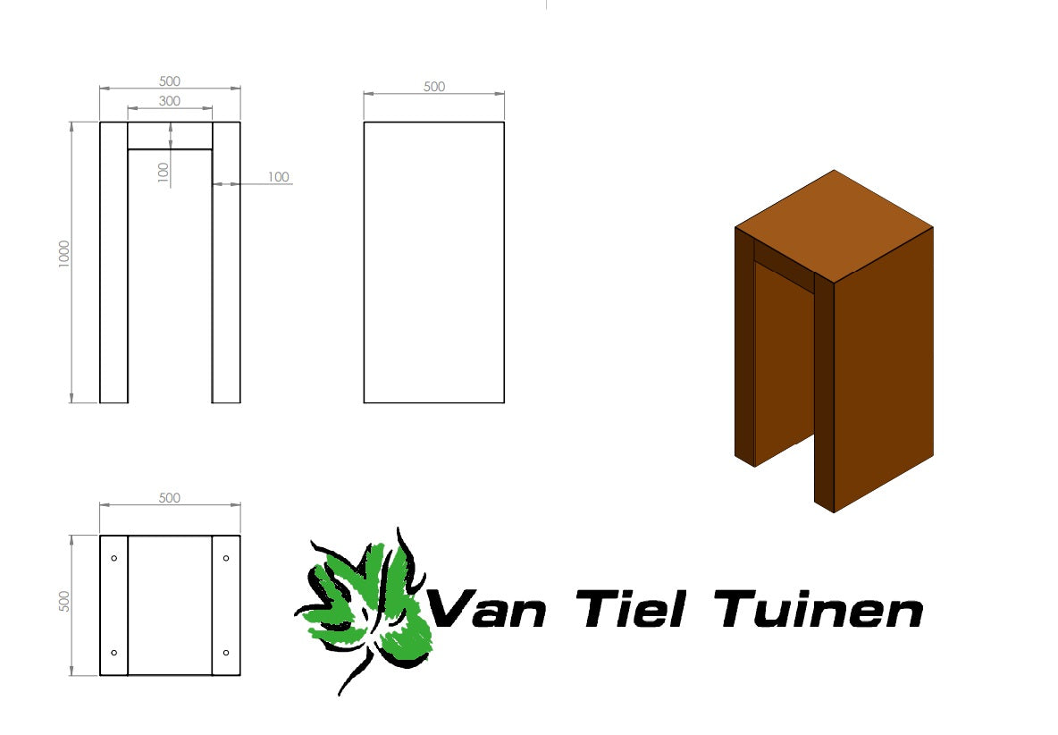 U sokkel afmetingen 50x50x100cm LxBxH van cortenstaal