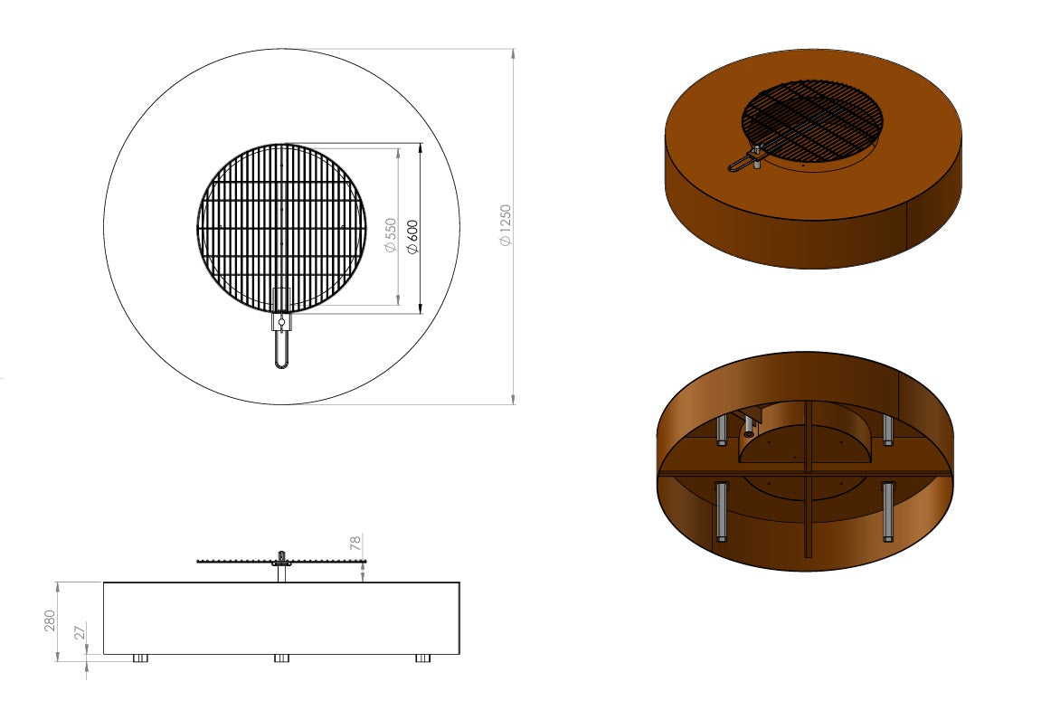 Ronde Vuurtafel met grill QUAD 125x28cm.